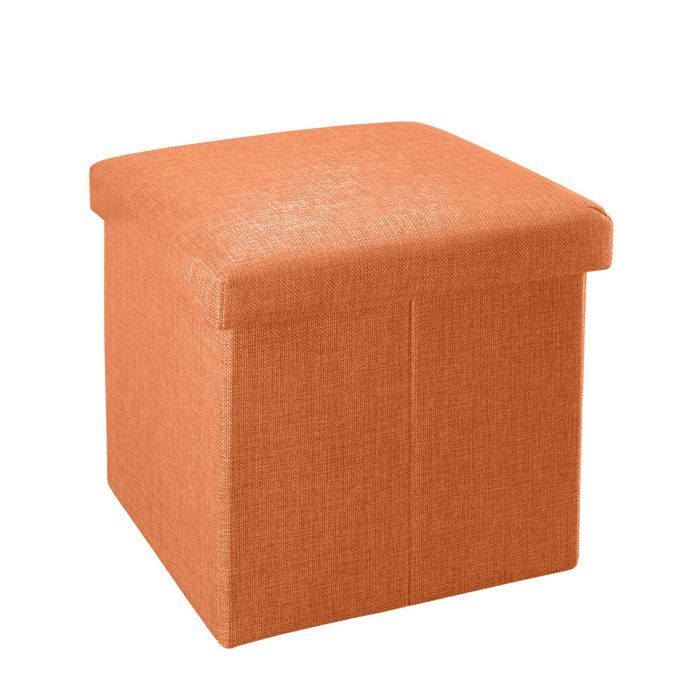 Pouf coffre de rangement pliable 30x30x30 cm orange mandarine - tabouret cube tissu aspect lin avec couvercle repose-pieds