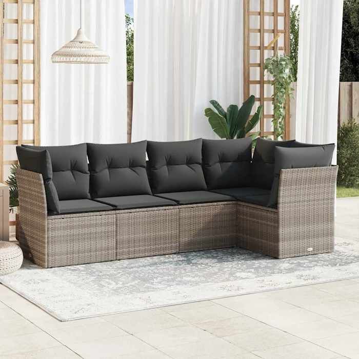 Gris Salon de jardin 5 pcs avec coussins gris clair résine tressée - Meuble de balcon LV54270