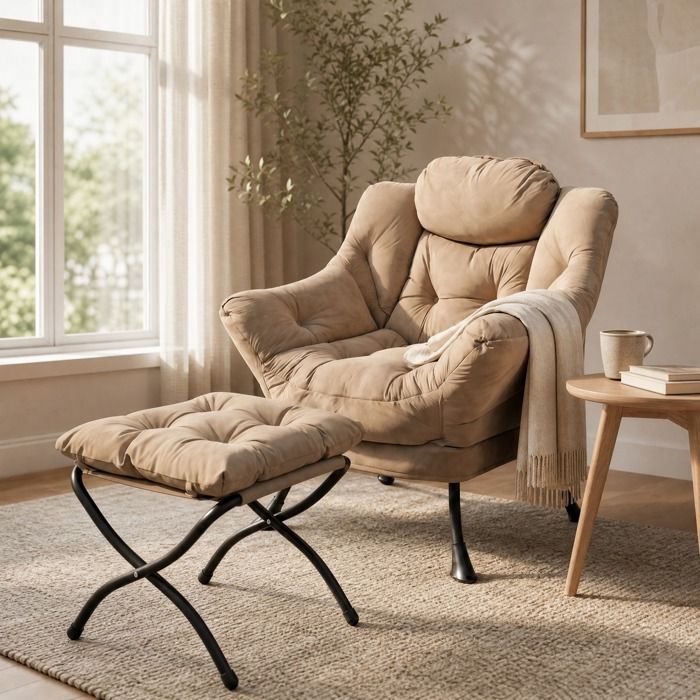 Fauteuil avec pouf de relaxation accoudoirs rembourrés poche latérale appui-tête tissu polyester métal VEVXYN