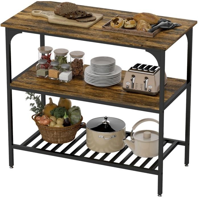 Meuble rangement cuisine 3 niveaux étagère de cuisine 100x50x90 cm avec plan de travail acier et bois marron TYNQER
