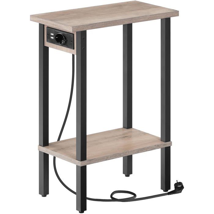Table d’Appoint étroite Bout de Canapé à 2 ux avec Station de Charge Table de Chevet avec Rangement pour Gris + Gris Noir CHEVET