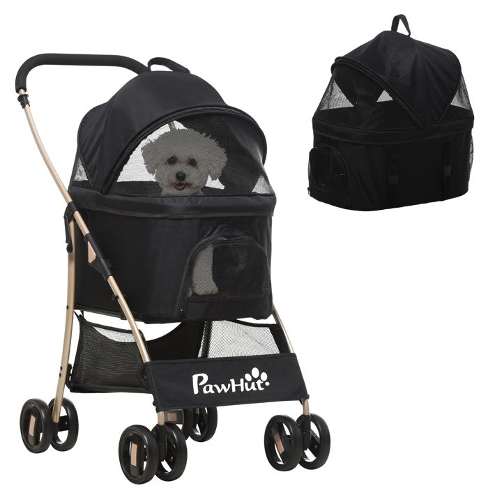 Poussette pour chien chat 2 en 1 avec nacelle amovible caisse de transport pliable tissu 600D Oxford - noir