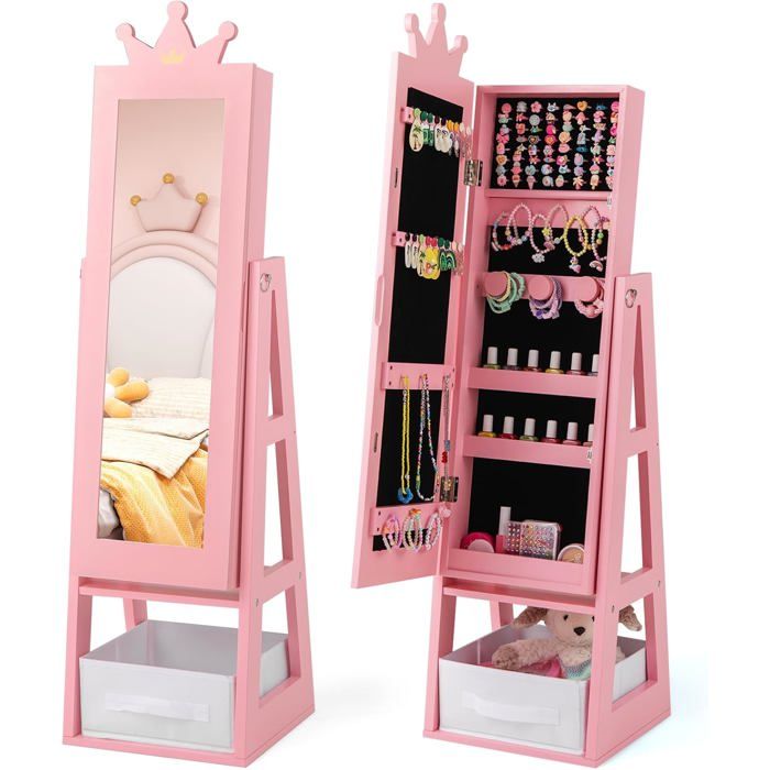 DREAMADE Armoire à Bijoux pour Enfants Miroir Pleine Longueur 31 5x30x115 cm Rose et Blanc Bois et Verre