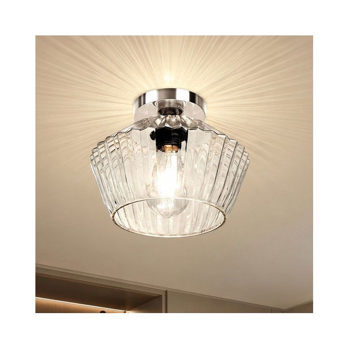 Plafonnier Rond en Verre Strié Style Diamant Ø25x19 cm Lampe de Plafond E27 Max.60W Sans Ampoule Chrome Salon Cuisine Bureau