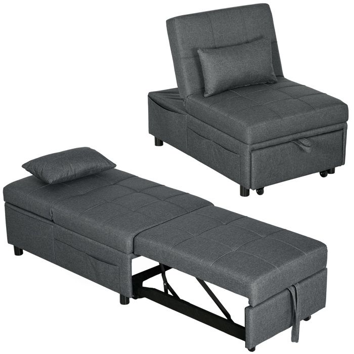 Fauteuil convertible 1 place fauteuil lit avec dossier réglable. siège rembourré et oreiller. gris