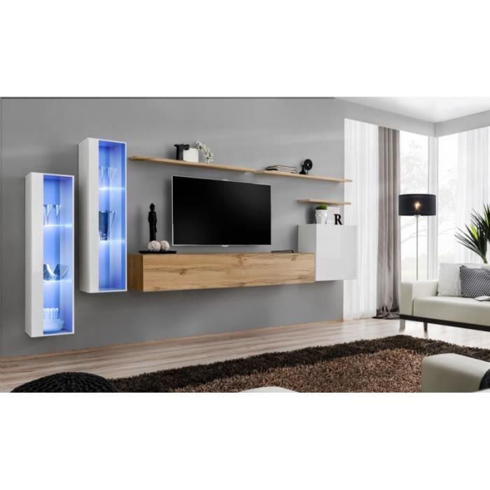 ensemble mural - ac-déco - switch xi - 2 vitrines led - 1 banc tv - 1 vitrine carrée - bois et blanc - modèle 2