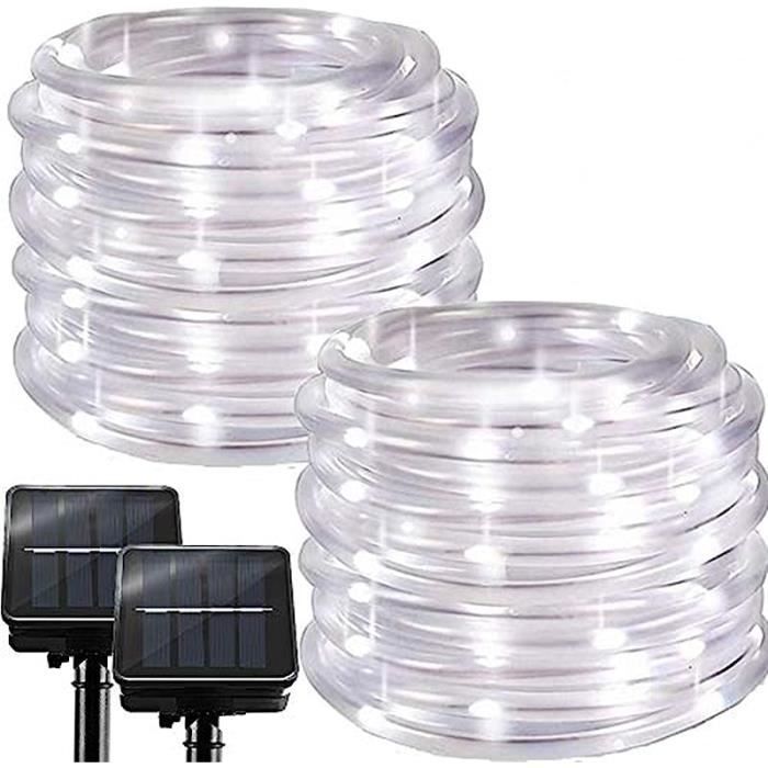 lot de 2 guirlandes lumineuses solaires d'extérieur - 100 led - 8 modes - tube étanche - fil de cuivre - pour jardin - blanc