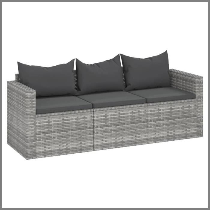 Canapé de jardin 3 places avec coussins Gris Résine tressée -BK362328 (PLA)