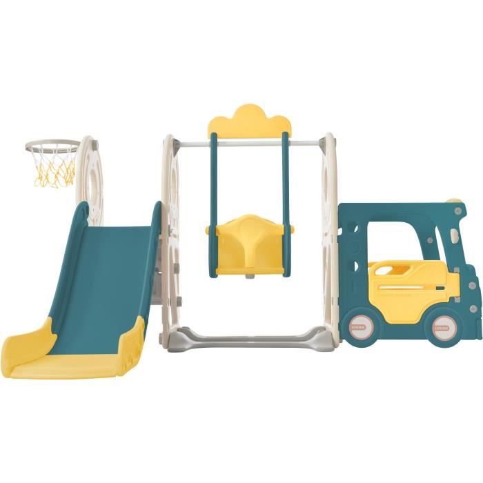 Aire de jeux, station de jeux 5 en 1 avec bus, balançoire, toboggan, escabeau, panier de basket