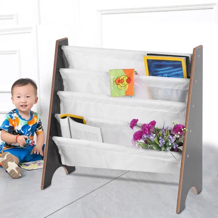 Bibliothèque Enfant 6 Niveaux En Bois Pin Et Tissu - Rangement Livres 75x30x76 Cm