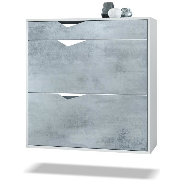Vladon Meuble à chaussures Kolmio 85 x 87 x 33 cm corps en blanc mat façades en Aspect Béton Oxyde