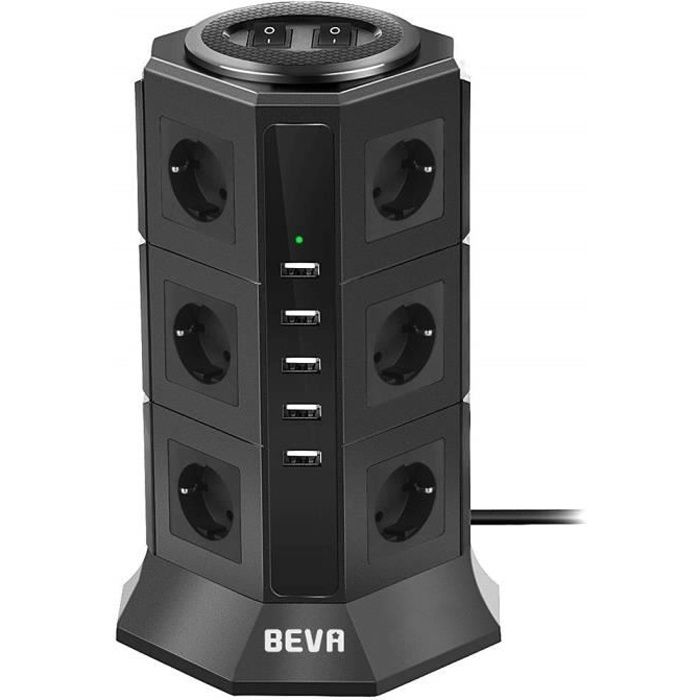 BEVA Tour Multiprise Parasurtenseur Parafoudre avec 12 Prises EU et 5 Prise USB 5V 4.5A, la Prise Multi de 2500W/10A avec Interrupte