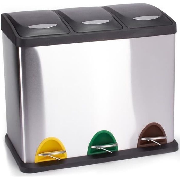 MSV - Poubelle &agrave; p&eacute;dale Tri S&eacute;lectif Inox 3 bacs 8Lx3 - Gris