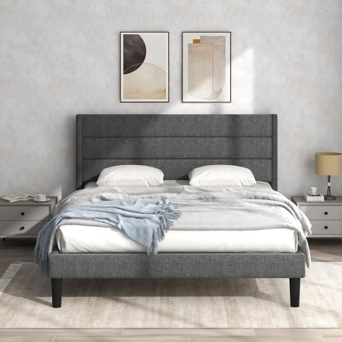 Merax Lit Double 140x200cm - tête de lit rembourrée - tissu de lin gris