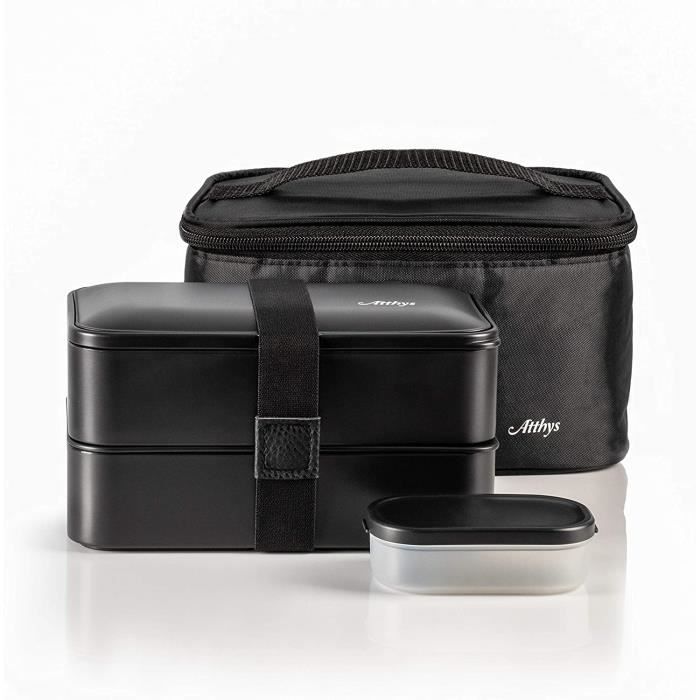 Boîte Bento Escape Serenity - 2 Étages Compartiments + Bol + Sac Isotherme - Lunch Box Travail Noir