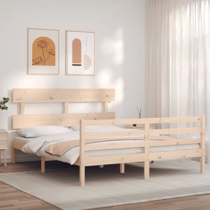 cadre de lit en bois massif 160x200 cm - cuque - a lattes - blanc - campagne