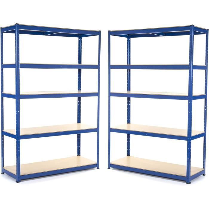 Etagère charge lourde Bleu 180x90x40 cm 5 plateaux 875 kg max. Meuble de rangement Acier et bois MDF Garage atelier Lot de 2