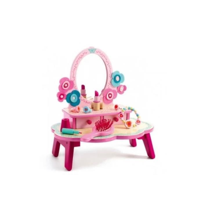 coiffeuse enfant flora - djeco - meuble de beauté en bois avec accessoires de maquillage et rangements - rose