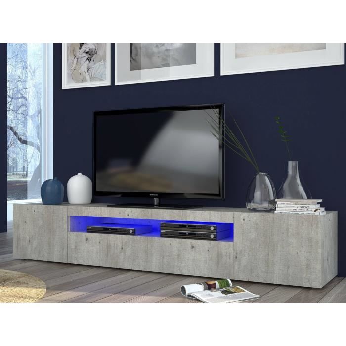 Dmora Meuble TV de salon Made in Italy Meuble TV avec 3 portes et étagères cm 200x40h37 Couleur ciment avec lumière LED bleue Dmora Meuble TV de salon Made in Italy Meuble TV avec 3 portes et étagères cm 200x40h37 Couleur ciment avec lumière LED bleue