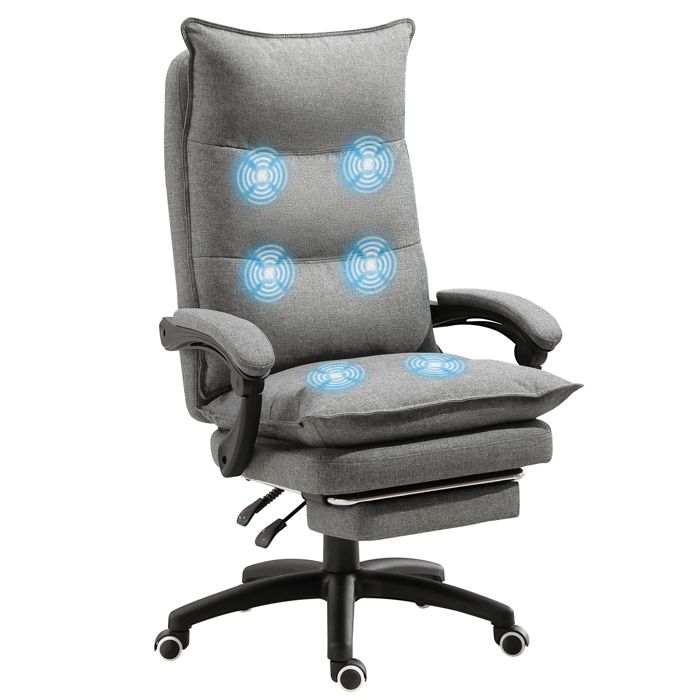 Fauteuil de bureau - Vinsetto - massant dossier inclinable hauteur réglable repose-pied télécommande filaire pivotant - lin - gris