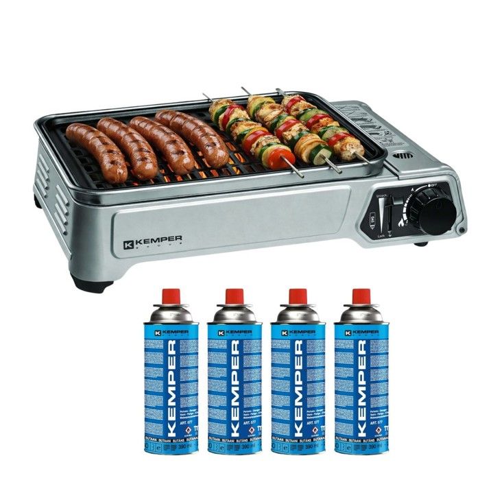 Kemper - Barbecue gaz portable 1.9 kw grille anti adhesive + 4 cartouches gaz camping