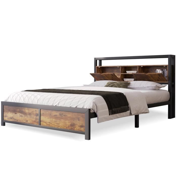bm lit double 140x200cm pour 2 personnes, cadre en métal, avec étagères et compartiment sur tête de lit, style industriel, marron