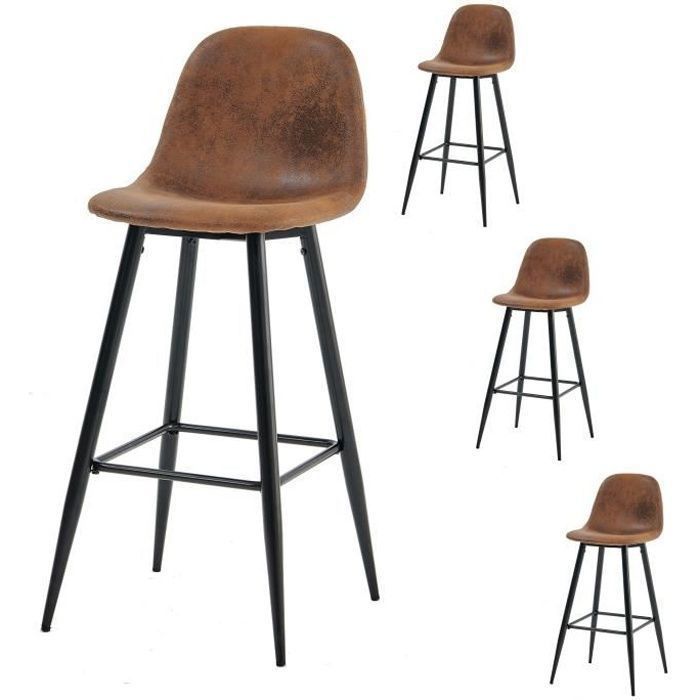 MEUBLES COSY Lot de 4 tabourets de bar industriels avec dossier en suédine - CHARLTON BAR