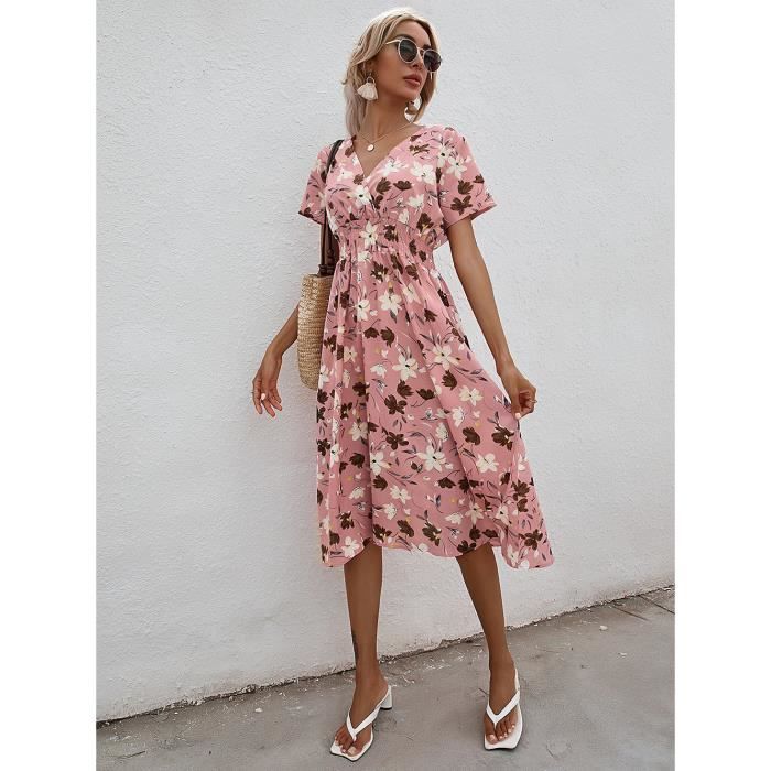 Robe Longue Femme Imprimé Fleuri, Manches Courtes Avec Col Noueur Et Volants – Allegra K, Jaune Soleil