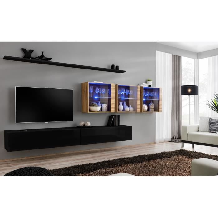 ensemble meuble salon mural switch xvii design, coloris noir brillant et chêne wotan. 40 noir