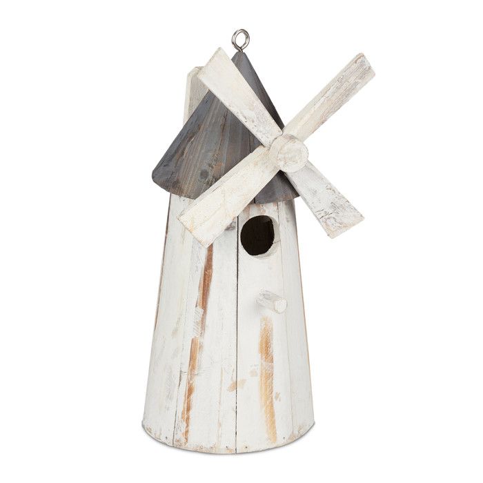Meilleurs prix pour Relaxdays Mangeoire à oiseaux décorative, bois, design moulin à vent, jardin, balcon, HLP : 32x13,5x13,5 cm, blanc/gris