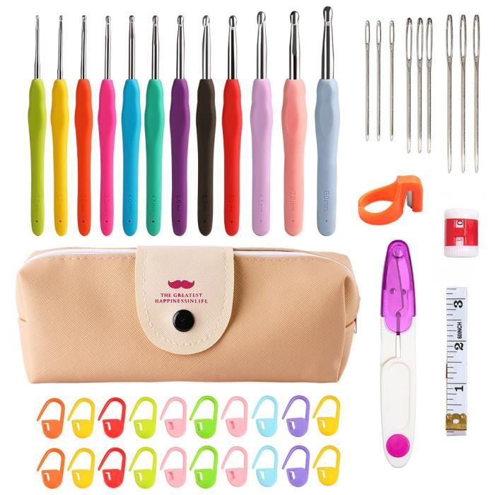 BCMRUN Lot De 14 Crochets De 2,25 Mm (B) - 10 Mm (N) - Poignées Ergonomiques Et Souples - Kit D'aiguilles à Tricoter Lisses Avec Sac Pour Les Mains