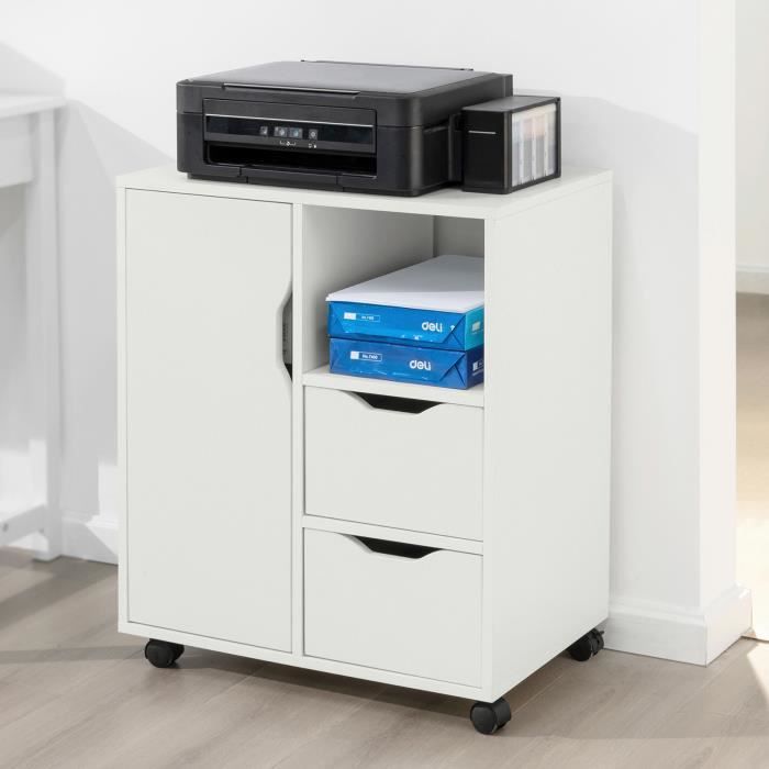 sobuy® fbt105-w support imprimante roulant organiseur bureau mobile caisson avec tiroirs et porte