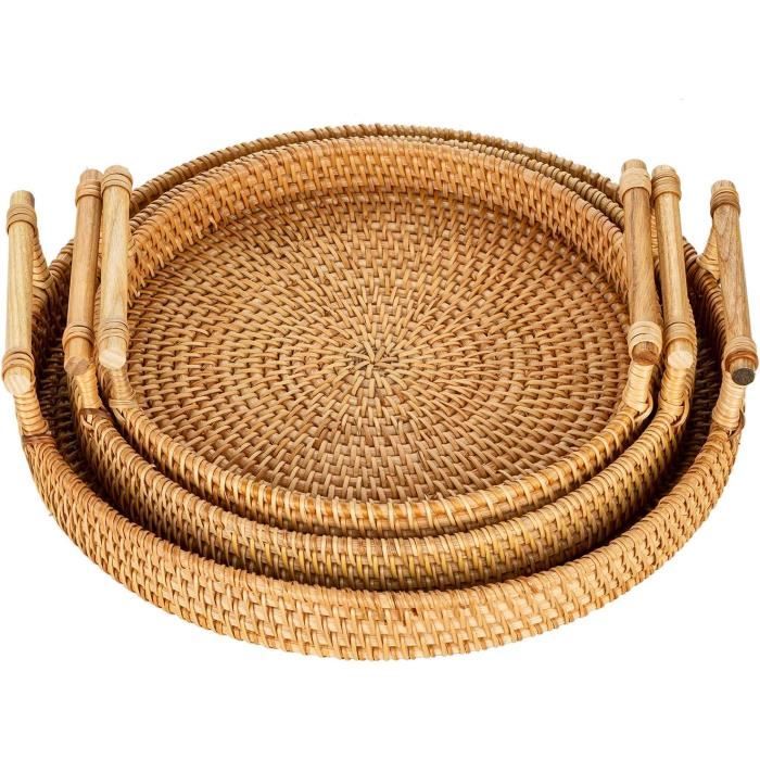 Sziqiqi Plateau Rotin Tissé Main 35 Cm Avec Poignées - Plateau Service Rustique En Osier Naturel Pour Petit Déjeuner, Décoration, Fruits
