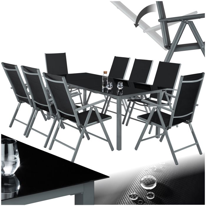 Salon de jardin - TECTAKE - Ensemble de sièges en aluminium 8+1 table verre trempé & chaises pliantes 189x90x727 cm - Gris