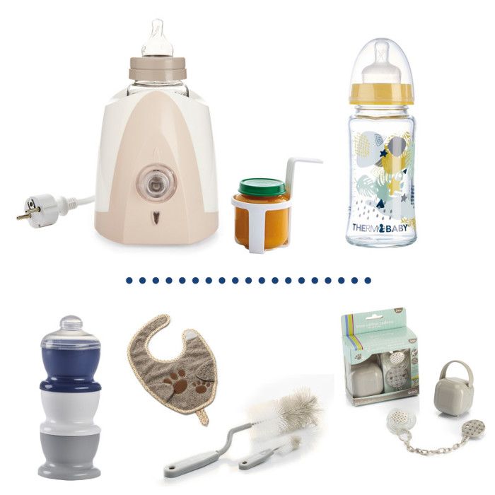 Chauffe biberon + Biberon verre 230ml + Goupillon biberon + Boîte doseuse de lait + Bavoir + Coffret