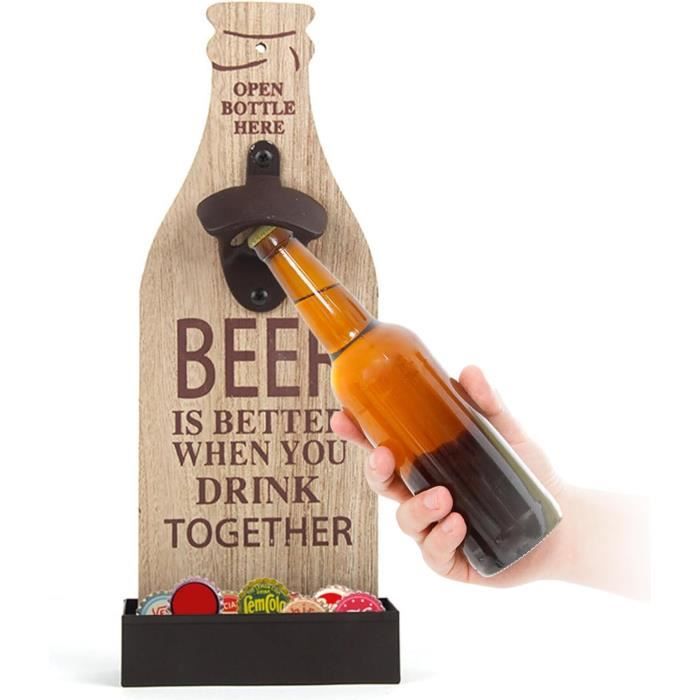 Décapsuleur Mural Avec Récipient à Bouchons - Bois & Métal Vintage - Cadeau Original Bière Pour Bar/Cuisine