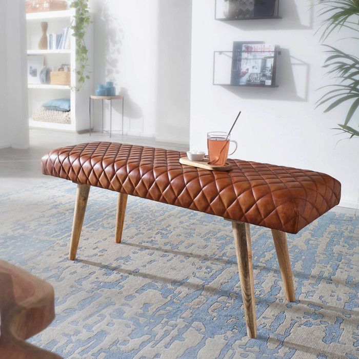 Banc WOHNLING cuir véritable 115 cm banc en cuir springbok Banc WOHNLING banc en bois massif