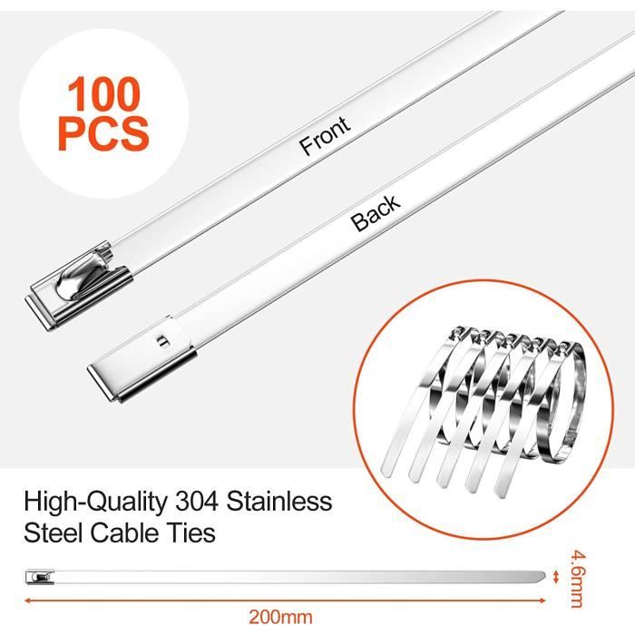 100 colliers serre-cable métal 201X4.6mm à bille inox Ø 50mm MBT8SS