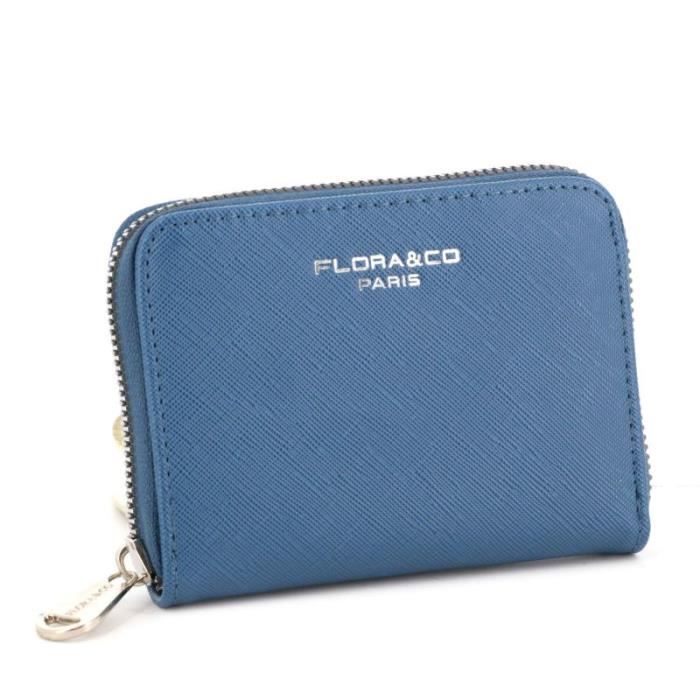 Flora Co Paris Portefeuille Porte carte Femme Format Court Zippee Saffiano Bleu Jean