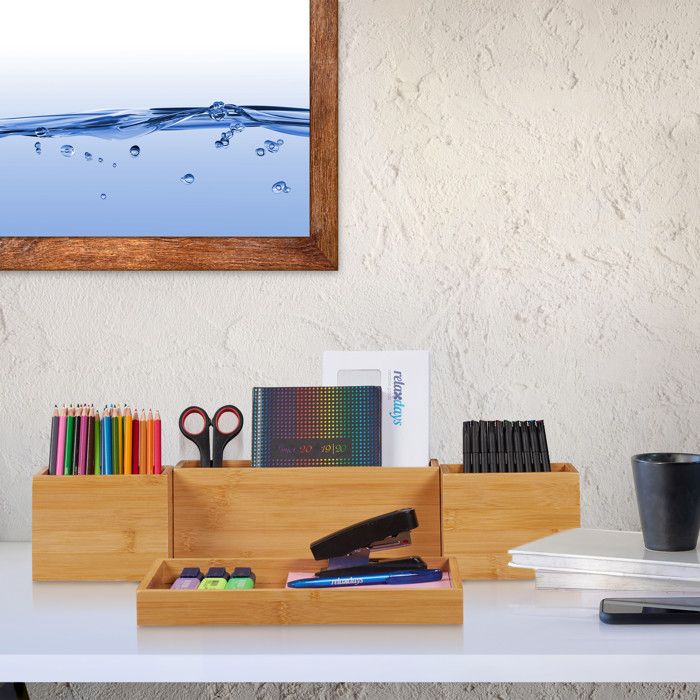 Organiseur Bureau Relaxdays En MDF - 3 Porte-documents A4 + Tiroir + Porte-stylos Marron Clair