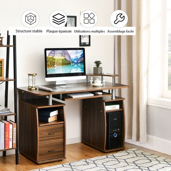 COSTWAY Bureau Ordinateur Mobile Sur Roulettes – Bureau Avec Clavier Extractible, Crochets & Étagère – Marron Rustique