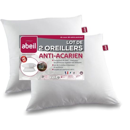 Lot De 2 Oreillers Anti-Acariens Abeil Acaristop 60x60 Cm - Fabriqués En France, Protection Optimale Et Confort Moelleux