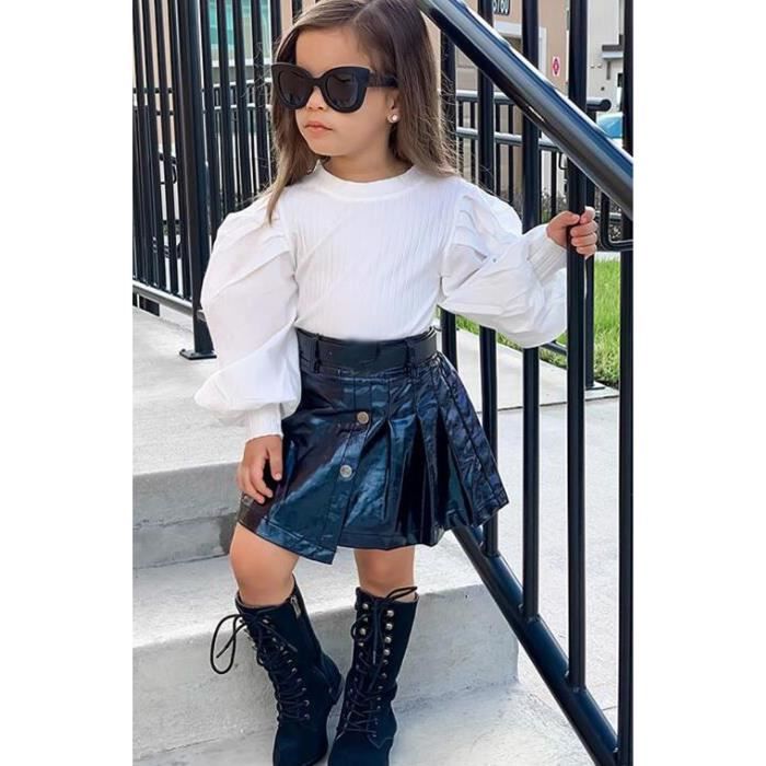 Un ensemble de vetements T shirt cotele a ourlet irregulier avec jupe en cuir pour enfant en bas age Blanc Cdiscount Pret a Porter