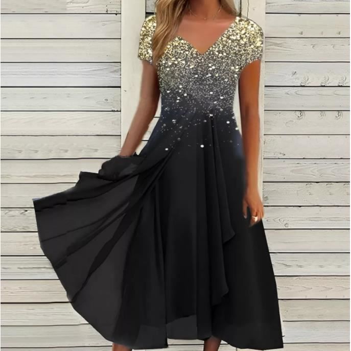 Femme Robe De Cocktail Soiree Bal en Dentelle Mousseline Manche Courte Promo Demoiselle Honneur pour Fete Ceremonie Anniversaire Bal Noir Cdiscount Pret a Porter
