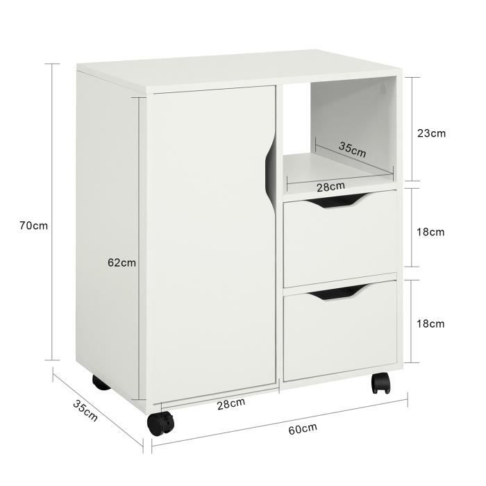 SoBuy FBT106-W Support Imprimante Roulant Bureau Mobile Caisson Meuble de Rangement  Bureau avec tiroir et porte Blanc