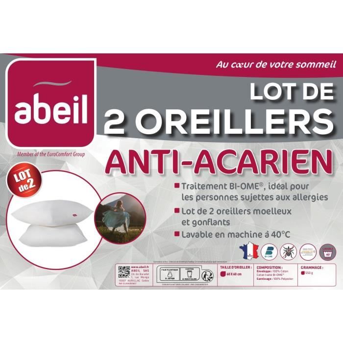2 Oreillers Anti-acariens Bleu Câlin 60x60cm - Traitement Naturel - Lavable Machine