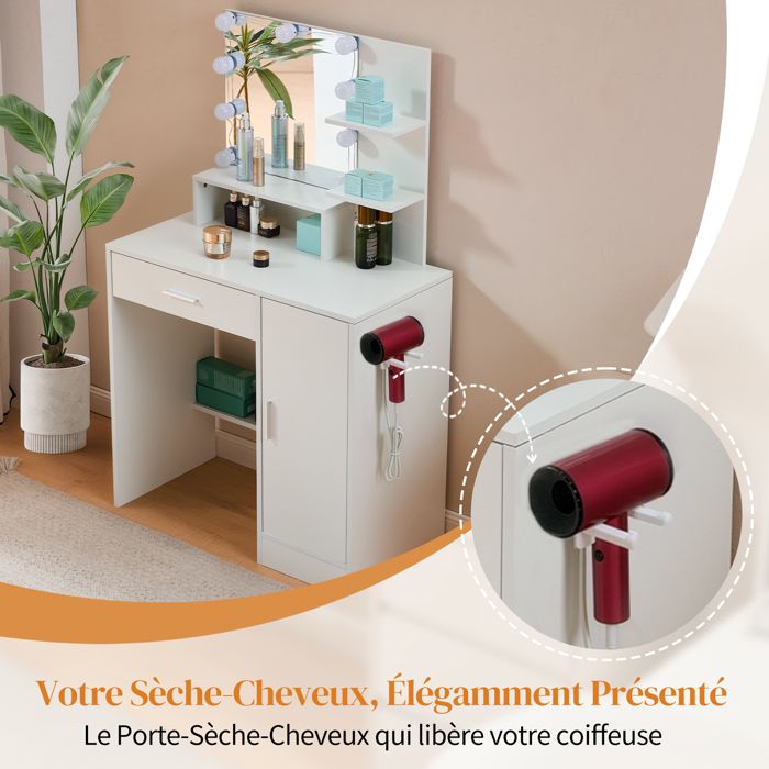 Coiffeuse - Miroir LED - 4 Tiroirs - 3 Étagères - 2 Prises USB - 90x40x140cm - Blanc à partir de 104,00 € (juin 2026 Coiffeuse - Miroir LED - 4 Tiroirs - 3 Étagères - 2 Prises USB - 90x40x140cm - Blanc à partir de 104,00 € (juin 2026