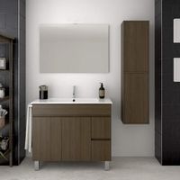 Meuble de salle de bain moderne Temis avec lavabo, miroir et lumière LED avec colonne marron 100x82x45cm