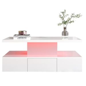 TABLE BASSE Table basse, table à tiroirs, finition laquée brillante, table d'appoint avec deux niveaux de rangement, avec éclairage LED, Blanc