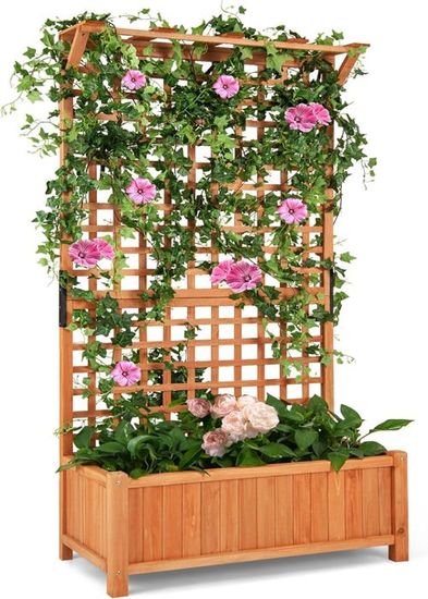 GOPLUS Jardinière Avec Treillis 183cm En Bois De Sapin, Trou De Drainage Pour Plantes Grimpantes